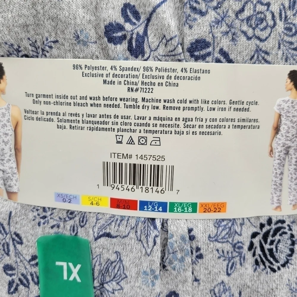 Lucky Brand Floral Tee Tank Shorts Pants Pajama 4 Piece Set Blue Grey XL